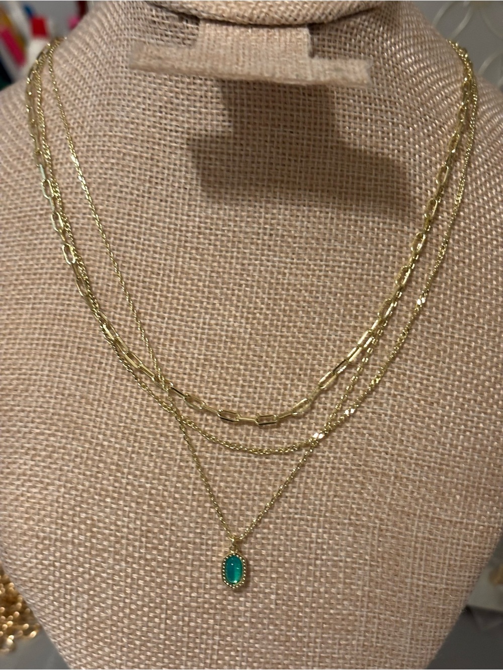 Kendra Scott Gold Layered Necklace with Green Oval Pendant